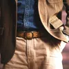 Belts Men's Double Hole Handmade Full Grain Genuine Leather Vintage Stitching Distressed Black Casual Prong Jeans Belt