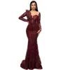 2023 Gorgeous Burgundy Beaded Evening Dresses Mermaid Sheer Neck Prom Dress Long Sleeves Formal Party Second Gowns Arabic Aso Ebi Major BC12326 GB1108