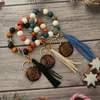 Party Favor Leopard Wood Beads Bracelet Keychain Women Leather Tassel Wristlet Key Chain for gift MAMA Letters WLL1738