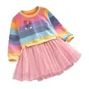 Girls Dresses Baby Princess Autumn Sweater Fleece Gauze Tutu Children Clothing Long Sleeve Rainbow Stripes For 221107