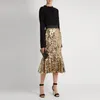 Skirts Shiny Gold Sequin Women Customized Tee Length Midi Skirt Modern Fashion Ruffles Spring Autumn Style
