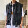 Men's Vests Men Cargo Vest Buttons Denim Waistcoat Relaxed Fit Lapel