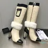 Diseñador de lujo Mujer Botas largas Moda Cuero genuino Color mezclado Piel cálida Mujer Rodilla Botines altos Traje de pasarela Tacones altos gruesos Bota Vestido de fiesta Bota Mujer 41