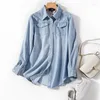 Kvinnor BLOUSES SPRING Autumn Casual Denim Shirt Women 2022 Fashion Slim Cotton Ladies Blue Long Sleeve Tops Blue Feminina K212