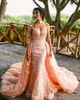 2023 Sexy Arabic Evening Dresses Wear Pink Jewel Neck Illusion Lace Appliques Crystal Beads 3D Floral Long Sleeves Mermaid Sheer Back Overskirts Prom Gowns