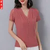 Dames blouses dames blouse 2022 zomer dames flash zijden v-neck top fel korte mouw t-shirt blusas mujer de moda