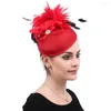 Copricapo Mingli Tengda Cappelli da sposa rossi Signora Festa Capelli Decorare Copricapo Matrimonio Formale Cappello di piume Accessori da sposa Tiara