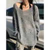 Kadın Sweaters Sokak Giyim Harajuku Kırık Delik Kazak Gotik O-Neck Gevşek Uzun Kollu Jumper Y2K Üst Moda All Maç Match Casual Grunge