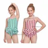 Flickor en bit Suspender Swimsuit Founce Designer randig bikini 2-12t barn bekväm sling badkläder 2 stil 4 färg