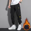 Men's Pants Plush Lining Men Cargo Ribbon Hip Hop Joggers Multi Pockets Drawstring Trousers Winter Ankle Tied Harem Streetwear