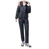 여자 2 피스 바지 세트 패딩 재킷 여성 장갑 겨울 한국 자연 모피 칼라 다운 코튼 코트 암컷 슬림 한 두꺼운 2 피스 스키