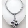 Pendant Necklaces 17 Inches 15 Rows Gray Leather Cord Multicolor Oval Pearl Women Pendent Necklace