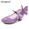 Sneakers prinses vlinder lederen schoenen kinderen diamant bowknot hoge hak kinderen meisje dance glitter mode meisjes feestschoen 221107