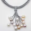 Pendant Necklaces 17 Inches 15 Rows Gray Leather Cord Multicolor Oval Pearl Women Pendent Necklace