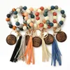 Party Favor Leopard Wood Beads Bracelet Keychain Women Leather Tassel Wristlet Key Chain for gift MAMA Letters WLL1738