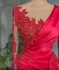 Arabic Aso Ebi Red Luxurious evening Dresses Plus Size Lace Beaded long sleeve Crystals Evening Second Reception Gowns