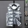 Men's Vests 2022 Men Winter Bright Hooded Thick Vest Waterproof Cotton Padded Sleeveless Coat Waistcoat M-5XL