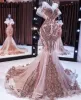 Rose Gold Zeemeermin Avondjurken Lange Sparkly Sequin Applique Kralen Fishtail Prom Gown Robe De