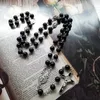 Charms Black Crystal Rosary Necklace Long Cross Pendant For Men Women Religious Jewelry