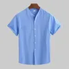 Men's T Shirts Linen Shirt Men's Short-Sleeved Stand-Up Collar Summer Thin Loose Cotton White Fresh Casual T-Shirt Cardigan