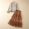 Vestido de duas peças de mola conjuntos de vestidos de manga comprida pescoço redondo tweed pisos de tule tule com painéis elásticos de saia elástica