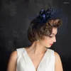 Copricapo Elegante Velo a gabbia per uccelli blu Fascinator da sposa formale Nastro di piume Velo De Rejilla 2022