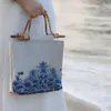 Storage Boxes Retro Wave Embroidery Velvet Cloth Handbag Chinese Rattan Bamboo Handle Lady Bag