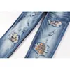 Herr denim jeans vintage tungt hantverk tv￤ttade smala ben fit stretch denim byxor multi lappt￤cke cowboy