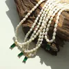 Pendentif Colliers Bijoux en acier inoxydable Chaîne de perles naturelles Collier Collier de zircon vert Accessoires imperméables Cadeau de fête