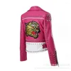 Women's Leather Spring And Autumn Pink Jackets For Women Tiger Embroidered Faux Moto PU Jacket Coat With Rivets