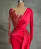 Arabic Aso Ebi Red Luxurious evening Dresses Plus Size Lace Beaded long sleeve Crystals Evening Second Reception Gowns