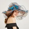 Headpieces Pink Kentucky Derby Church Bridal Hats for Women Organza Sun Flowers Elegant Summer Stor breda Brim Ladies Wedding Hat 2022