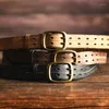 Belts Men's Double Hole Handmade Full Grain Genuine Leather Vintage Stitching Distressed Black Casual Prong Jeans Belt