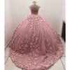 Pale Pink High Neck Quinceanera Dresses Cap Sleeve Lace Flower Mexican 3D Floral Sweet 15 Gowns Puffy Skirt Vestidos 16 Anos