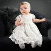 Abiti da ragazza Adorabile abito da battesimo per bambino 2022 Flower Girls Pizzo manica corta Outfit Abiti da battesimo Benedizione del bambino