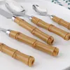 Dinnerware Sets Natural Bamboo Handle Tableware With Steak Knives Cutlery Steel Flatware Set Includes Forks Spoons