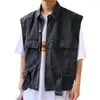 Men's Vests Men Denim Vest Coats Solid Color Turn-down Collar Multi Pocket Jackets For Hip Hop Single Breasted Cargo Waistcoat Chaquetas