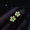 Orecchini a bottone stile fiore elegante pietra preziosa verde smeraldo gioielli in argento sterling 925 gemma naturale colore oro regalo di Natale