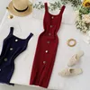 Casual Dresses Summer Pink/Red/White/Black Women Knitted Dress Vintage High Waist Button Single-breasted Slim For Female