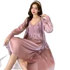 Women's Sleep Lounge women's Sleepwear Sexy Pajama Women Ice Ribbon Chest Pad Lace Two-piece Robe Pure Nightgown Bride Morning Gown Home Clothes Set Can Worn 2023ss new