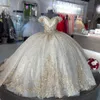 2023 Bling Quinceanera Kleider Ballkleid Schulterfrei Spitze Applikationen Kristall Perlen Pailletten Champagner Sweet 16 Vestido De 15 Anos Formelle Party Prom Abendkleider