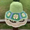 Chapéus de largura de largura Decoração de flores feminina Crochê Capéu de balde verão Primavera Pesca dobrável Presentes de férias para namorada