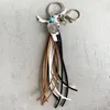 Keychains Genuine Leather Cow Head Totem Sunflower Tassel Keychain For Men Women Fashion Boho Key Rings Bag Pendant