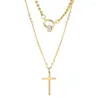 Pendant Necklaces Vintage Double Chain Round Annulus Buckle And Cross Cubic Zirconia Necklace Women Brand Fashion Jewelry