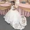 Princess White Lace Flower Girl Dresses 3D Floral Sweep Train Jewel Neck Illusion