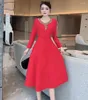 Casual Dresses Luxury Dress 2022 Autumn Winter Party Events Women V-Neck Diamond Beading Deco Long Sleeve Large Swing Black Red Yellow