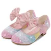 Sneakers Girls Leather Shoes Princess Children round-Toe Soft-Sole Big girls High Heel Crystal Single 221107