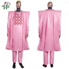 Ethnic Clothing H&D African Clothes For Men Bazin Traditional Embroidery Dashiki Pink Robe Long Sleeve Shirt Pants 3 Piece Set Wedding