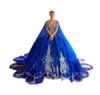 2023 Yeni Quinceanera Elbiseleri Vestido de Debutante Para 15 Anos Kraliyet Mavisi Cape Dantel Aplike Sequin Meksikalı Kızlar XV Pageant önlükleri BC14396 GB0906