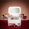 Lagringslådor LED Light Desktop Makeup Case Organizer med HD Mirror för kosmetika Dust-Proof Drawer Type Beauty Box